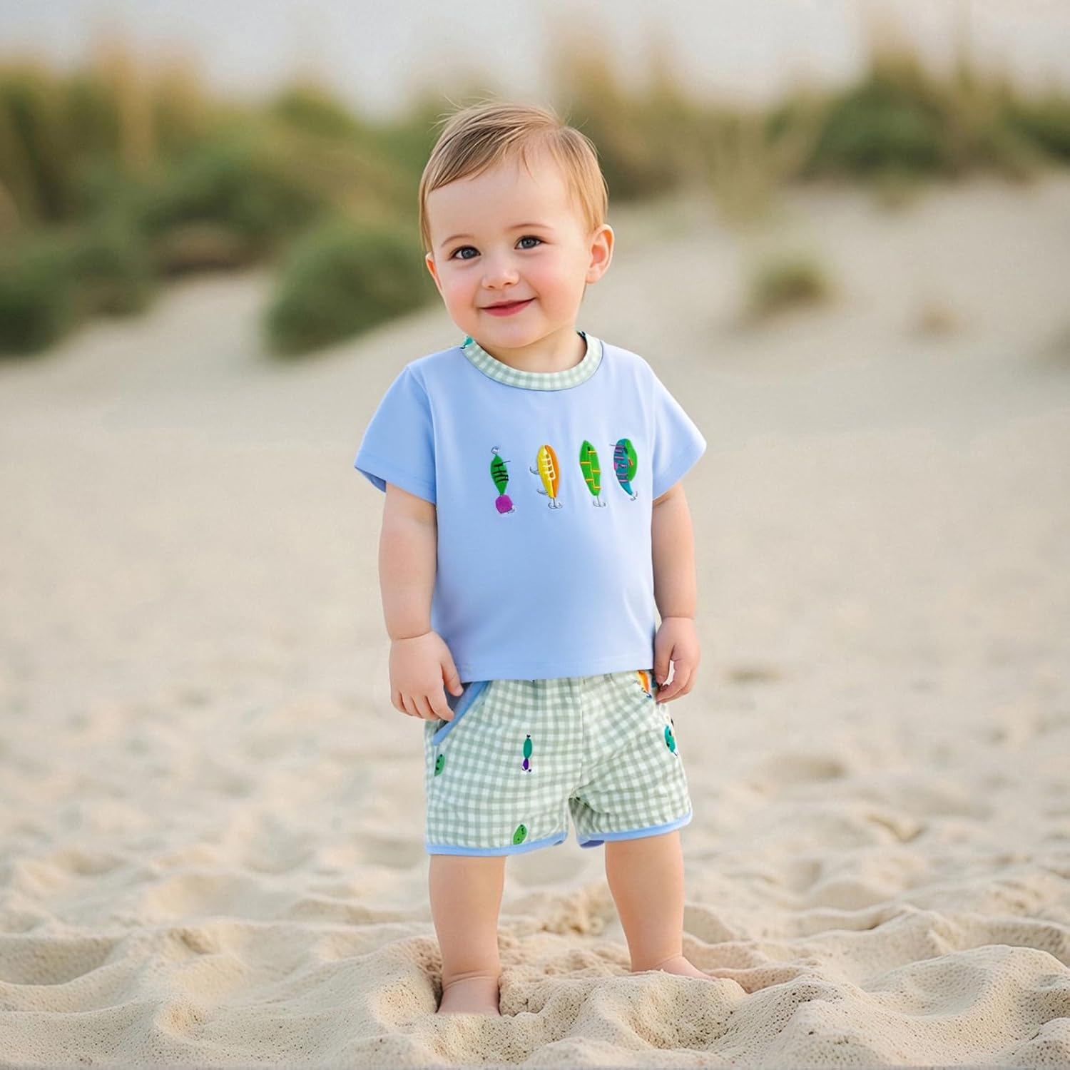 Toddler Baby Boy Summer Outfits Short Sleeve Embroidered T Shirt Tees + Striped/Plaid Shorts Infant Clothes Set - Image 2