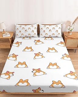 Twin Fitted Bed Sheet Set Cartoon Cute Dog Corgi Butt Bedsheet & Pillowcase Sets-1 Deep Pocket Elastic Bedspread for 16In Mattress with 1 Decorative Pillowcase Lovely Animals