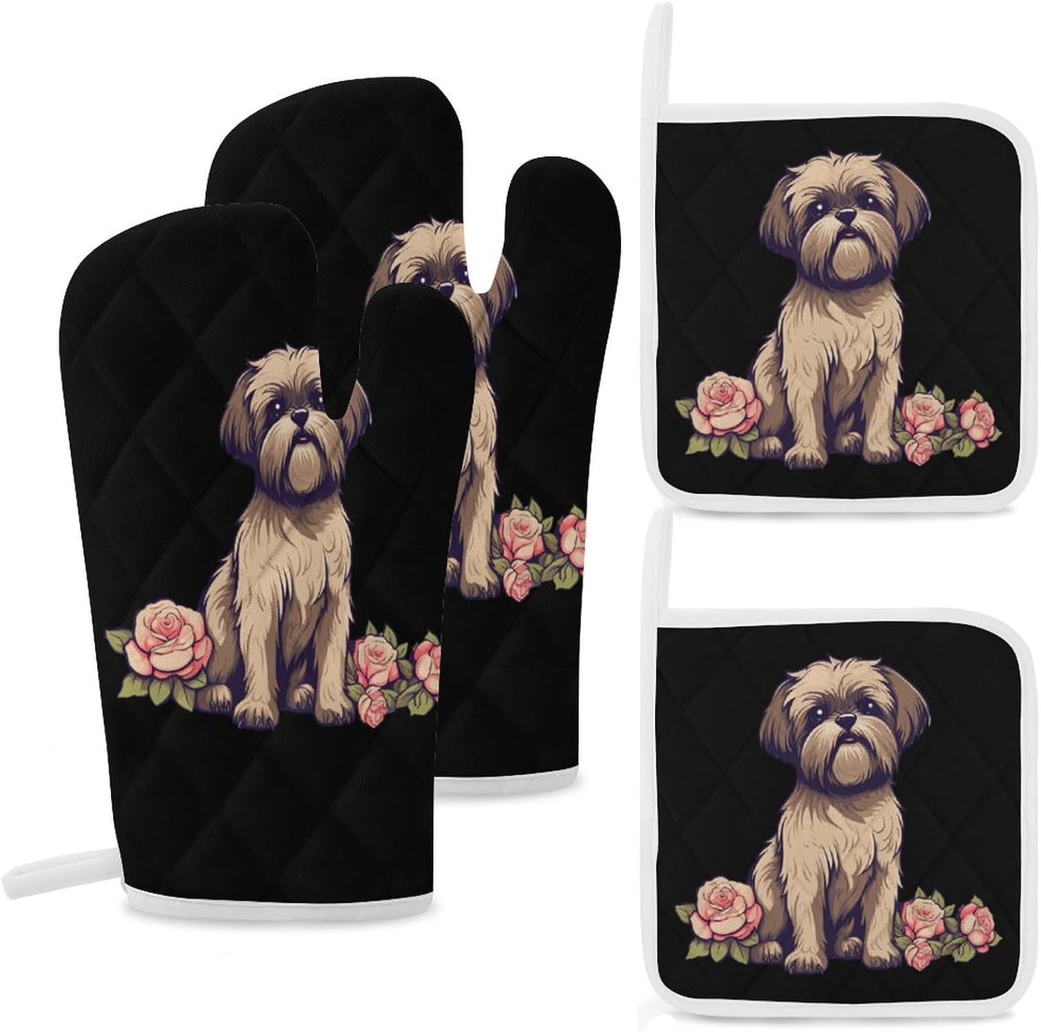 Shih Tzu Puppy Flowers 4 Pcs Oven Mitts and Pot Holders Set High Heat Resistant Long Kitchen Oven Glove Potholders