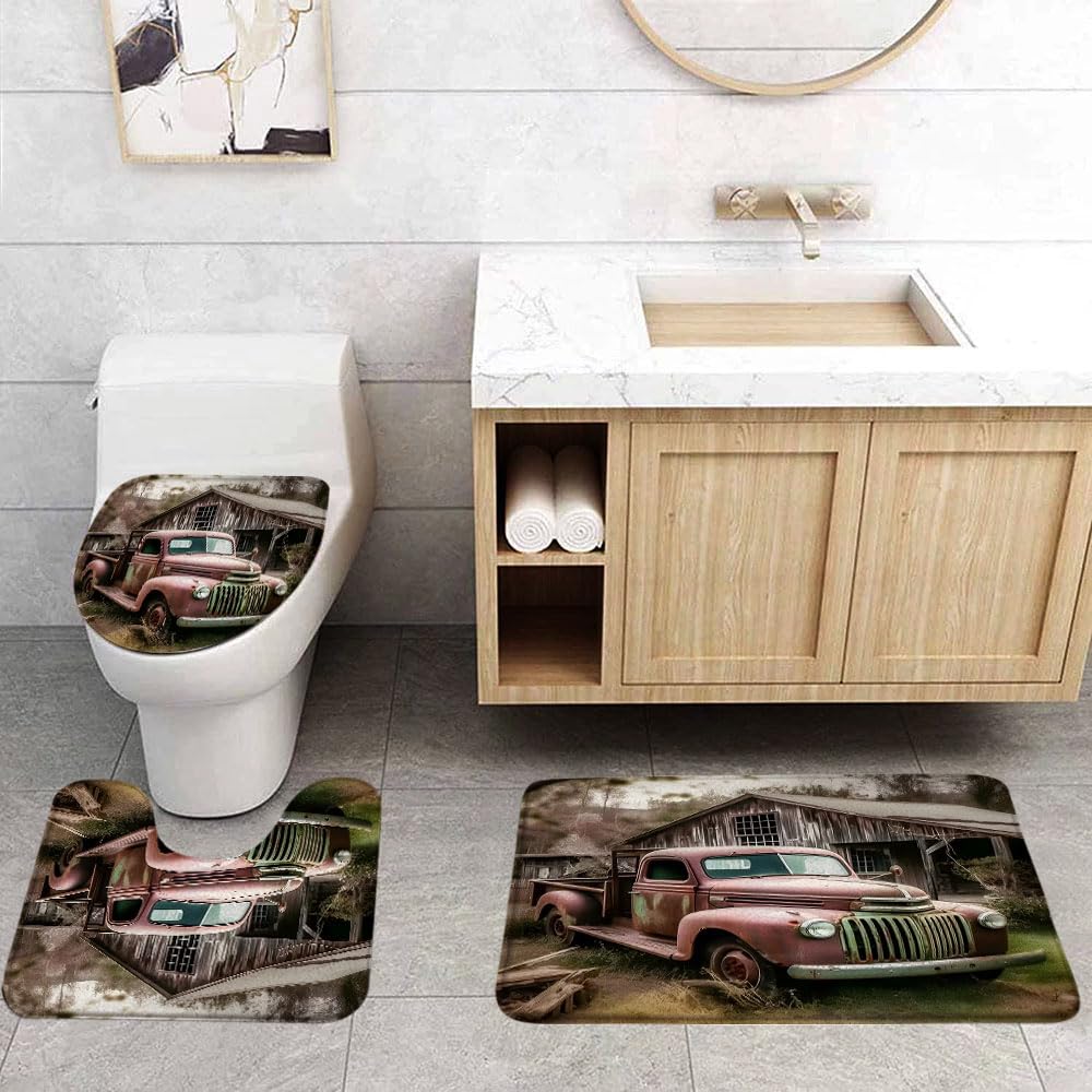 FGYGYK Vintage Farm Truck 3 Pcs Bath Rugs Set,Rustic Barn American Old Antique Car Farmhouse Country Retro Bathroom Kitchen Rug with 17.8