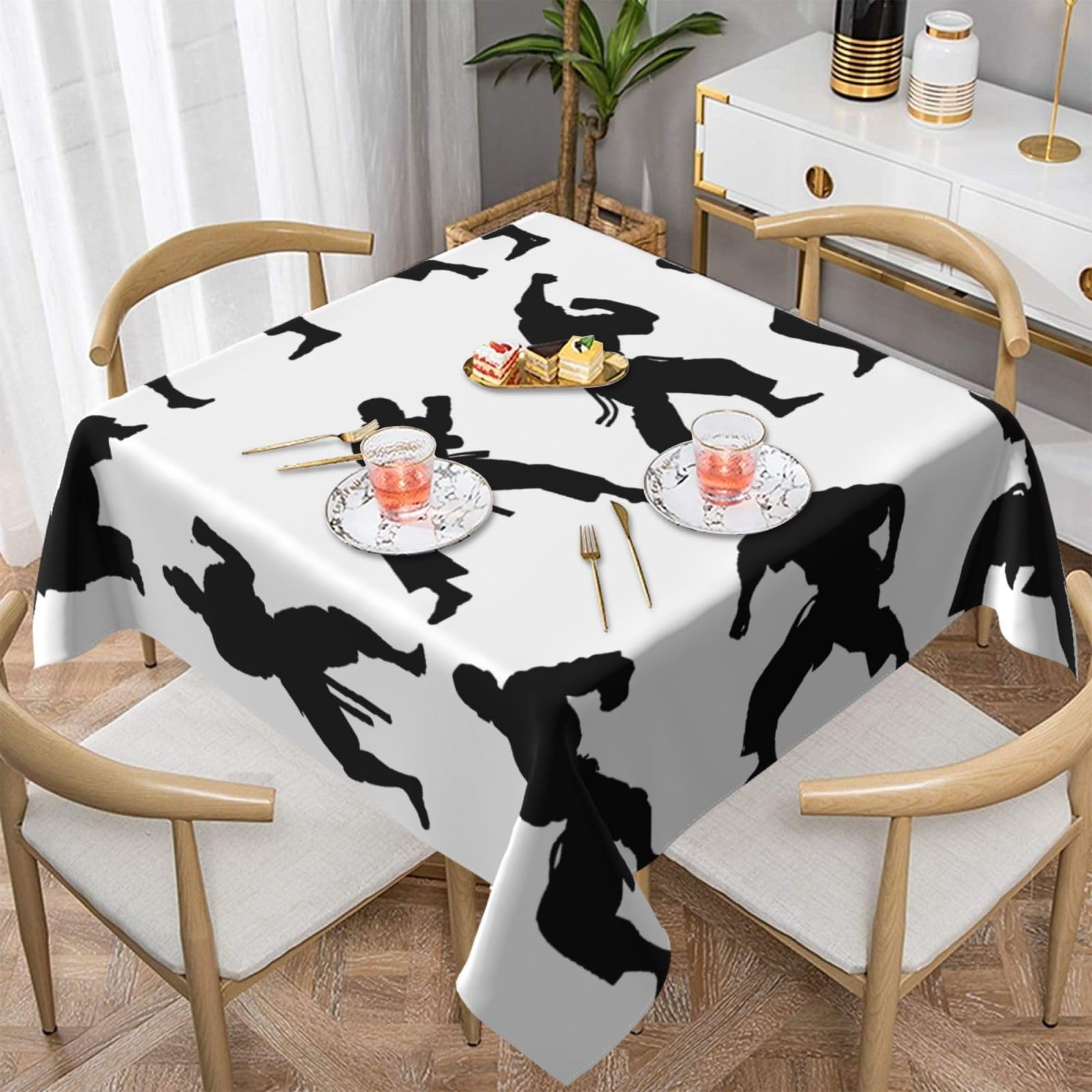 WPKJU Silhouettes of Martial Arts Printed Square Tablecloth 54x54 inch Water Resistant Table Cover Washable Rectangle Table Cloth for Dining Tables