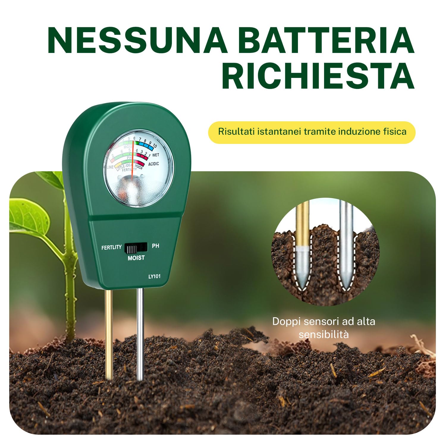 Misuratore di Terreno 3 in 1 per Casa e Giardino: Tester Semplice per PH, umidità e Nutrimento - Sensore per Piante Senza Batterie - Pratico Aiuto per Fiori, Vasi e Orto Domestico
