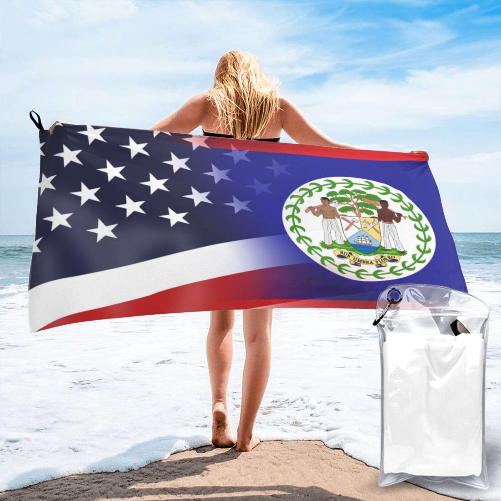 HACXZ Funny America Flag and Belizean Flag Absorbent Beach Towel Microfiber Beach Shower Towel 31.5"X63"