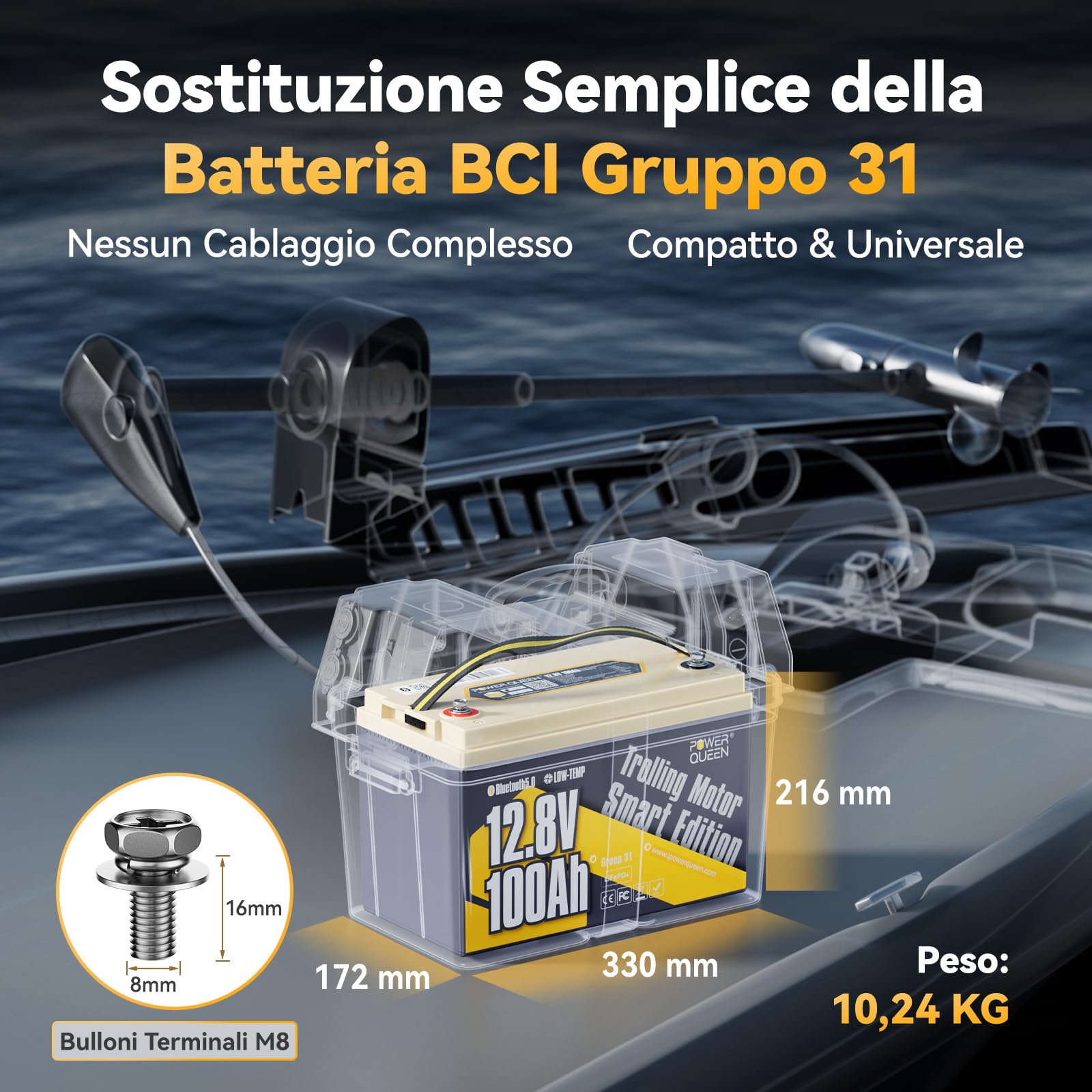 Power Queen Batteria al litio per uso marino da 12V 100A | 100A BMS, Bluetooth, IP65, Prot. basse temp., fino a 15000 cicli, Energia 1280Wh, per Trolling Motor, piccoli pescherecci