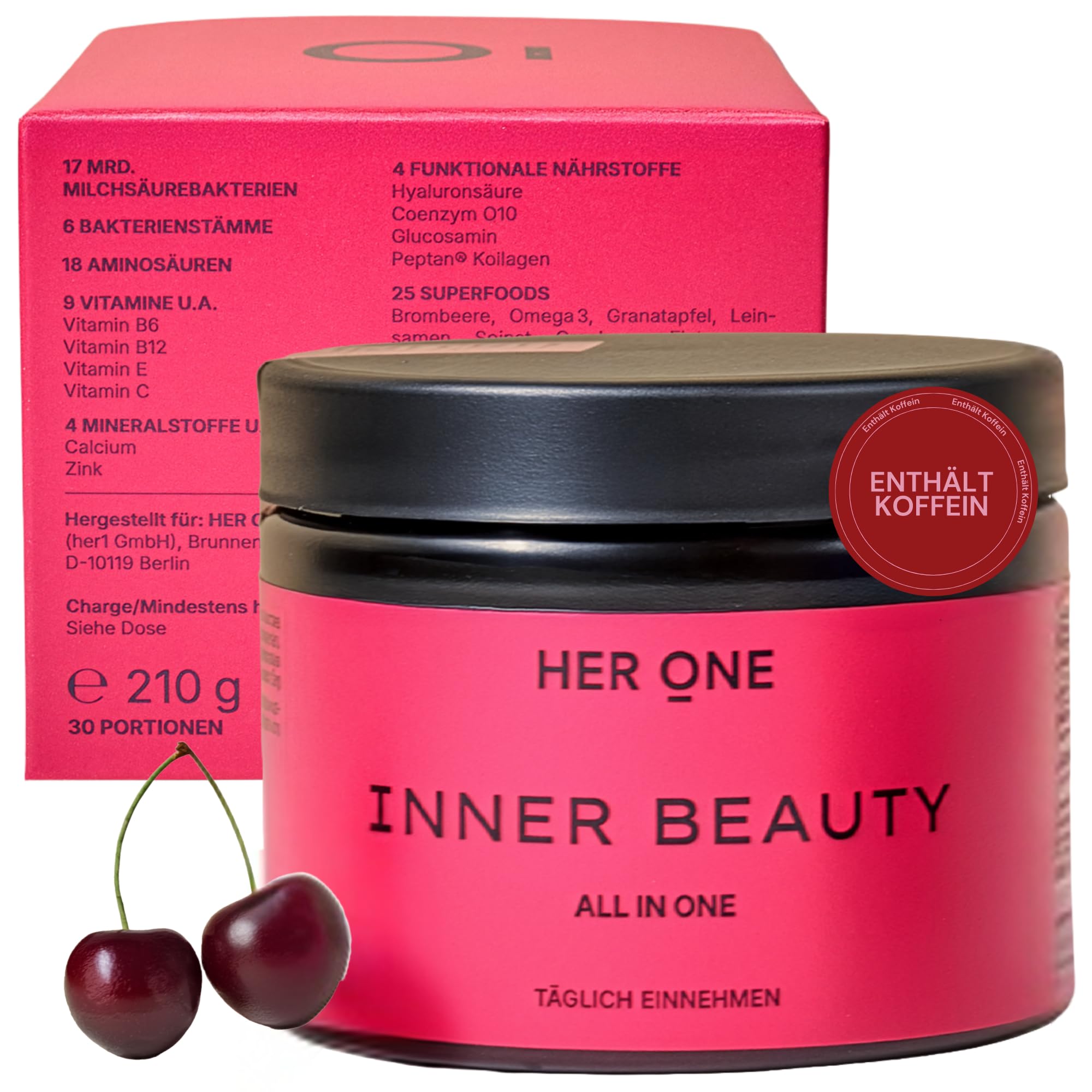 HER ONE INNER BEAUTY Nährstoffkomplex-Drink | Multivitamin Pulver & Darmbakterien | Multivitamine & Mineralstoffe für Frauen | Multivitaminpräparate & Mineralien | Beauty Drink | Kirsche