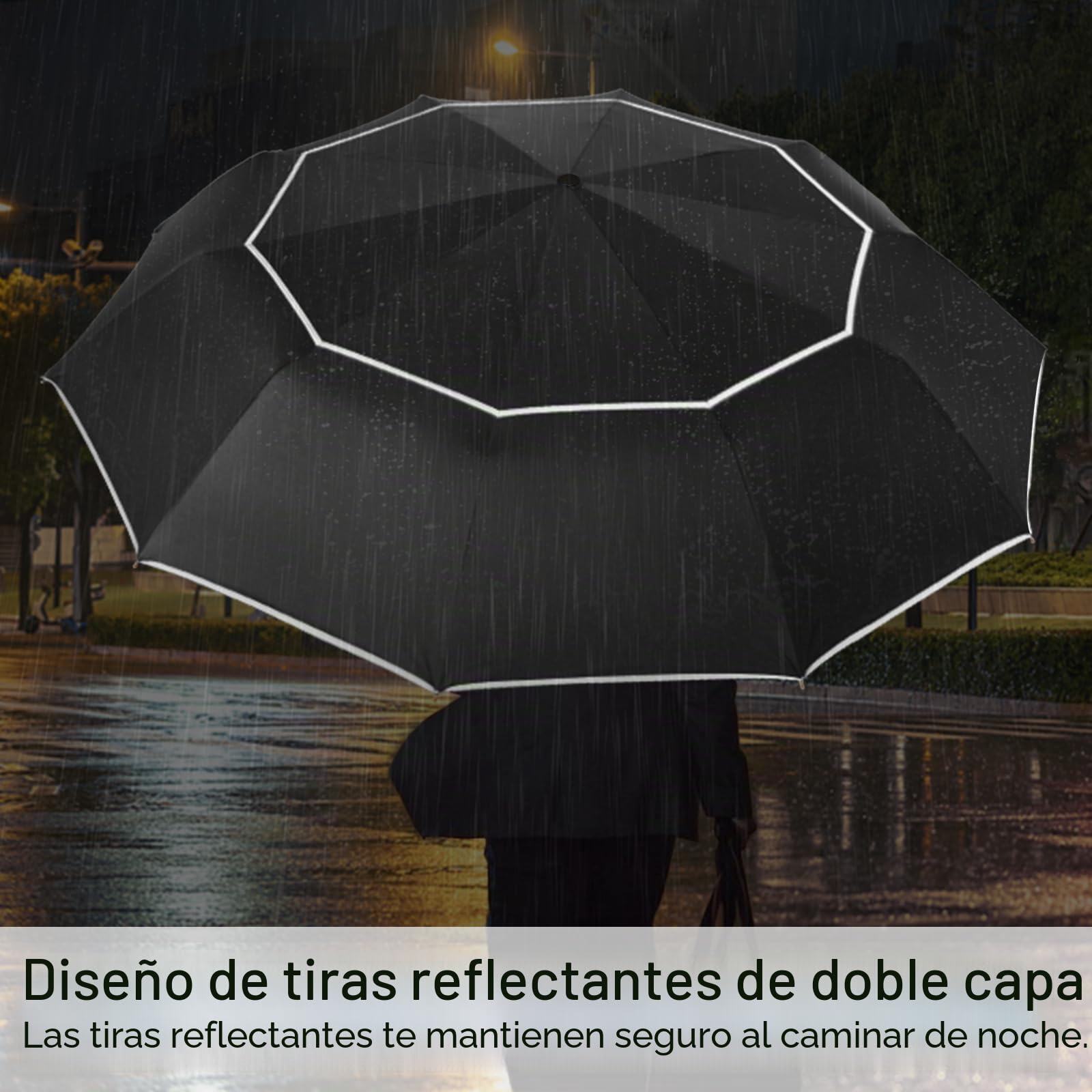 Satol Paraguas de golf automático, resistente al viento, con doble techo y 10 puntales de aluminio, paraguas plegable XXL (diámetro 137 – 157 cm) con bandas reflectantes, para lluvia y sol, negro y