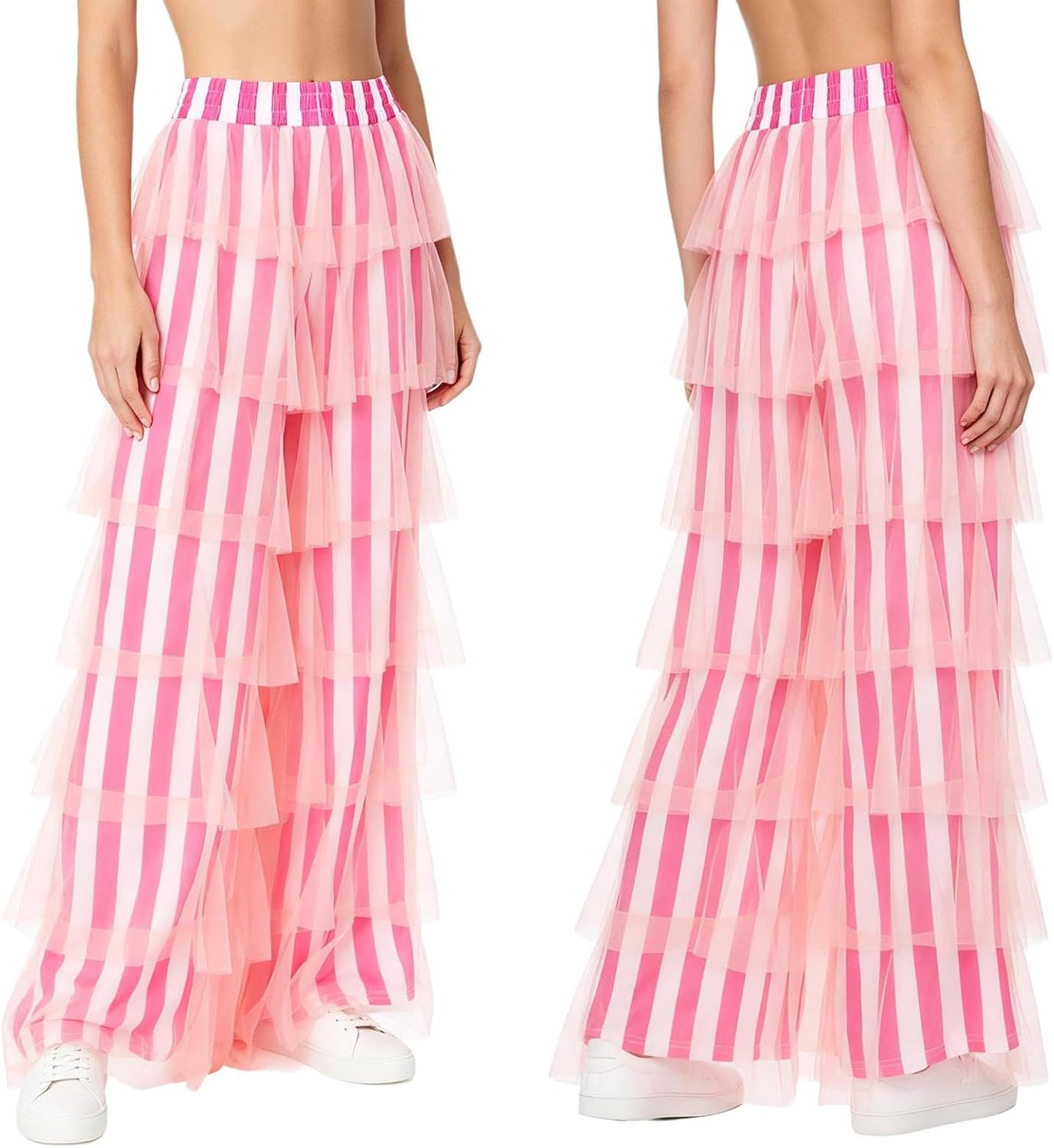 ranrann Women Adult Mesh Evening Party Layered Pants Printed Wide Leg Trousers for Photography Going Out