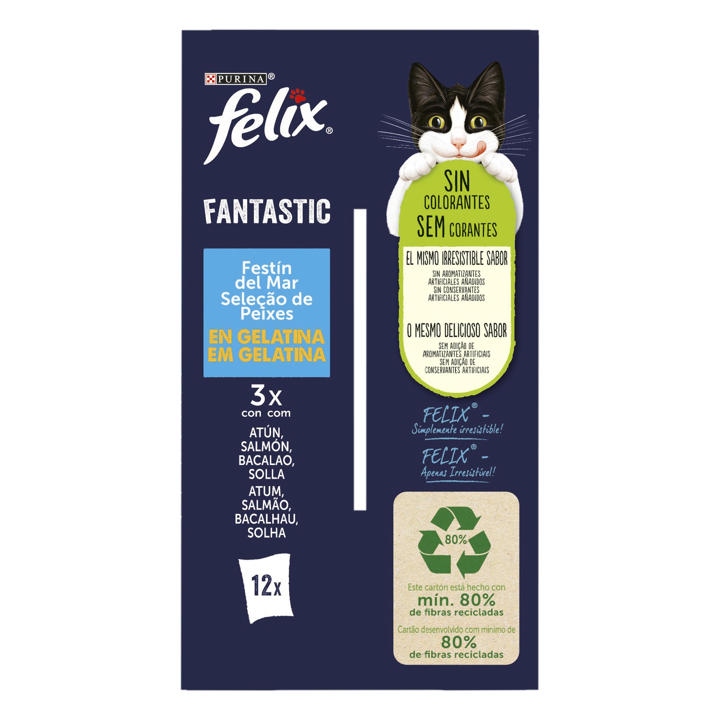 FELIX Fantastic, Comida Húmeda para Gato Adulto, Gelatina, Surtido de Atún, Salmón, Bacalao y Solla, 6 Packs de 12 Sobres de 85 g. (72 Sobres)