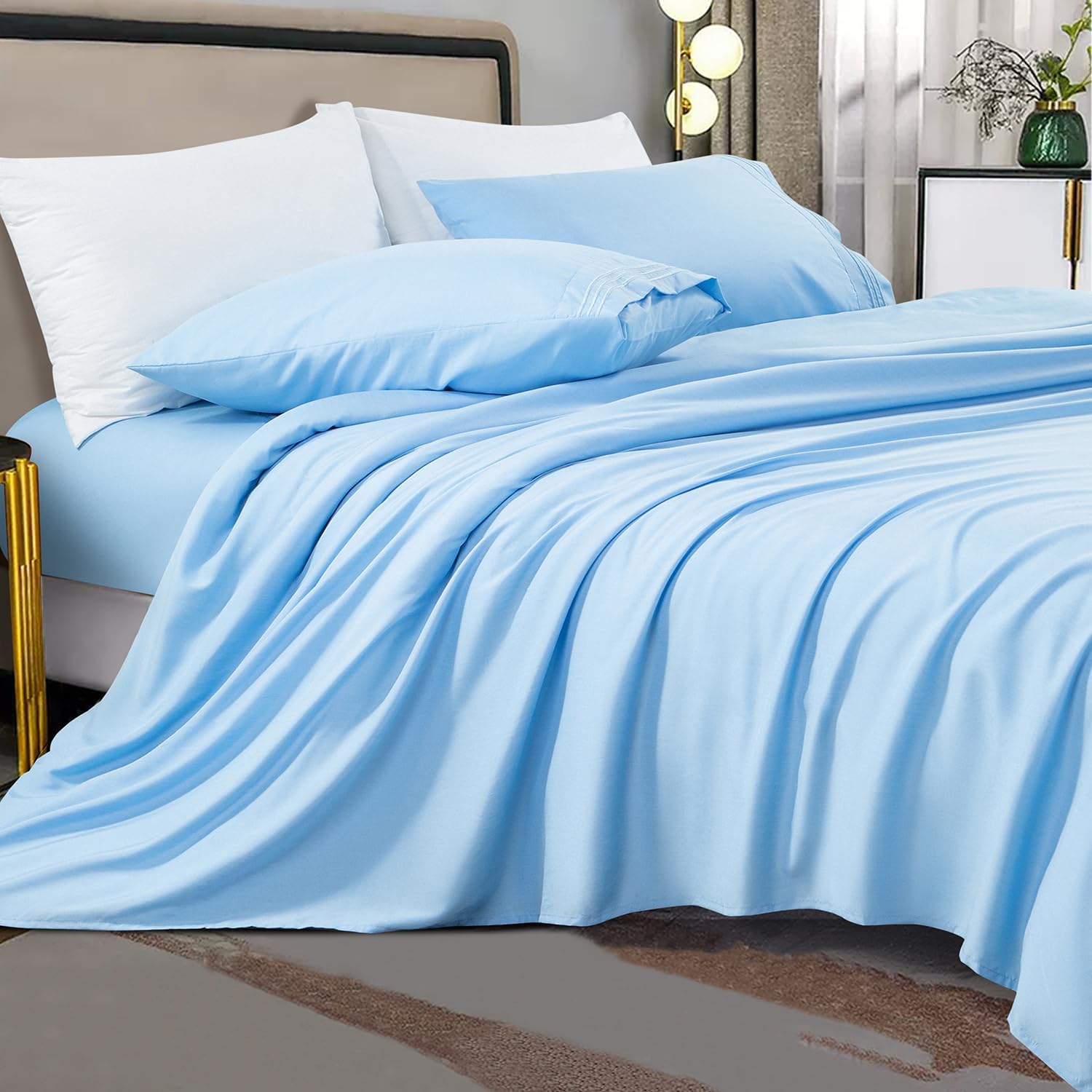 Shilucheng Sheet Set - Breathable & Cooling Bed Sheets - Soft 1800 Thread Count Microfiber Hotel Sheets - Comfy Bedding 16 Inch Deep Pockets & Easy Fit - 3 Piece (Twin, Lake Blue)