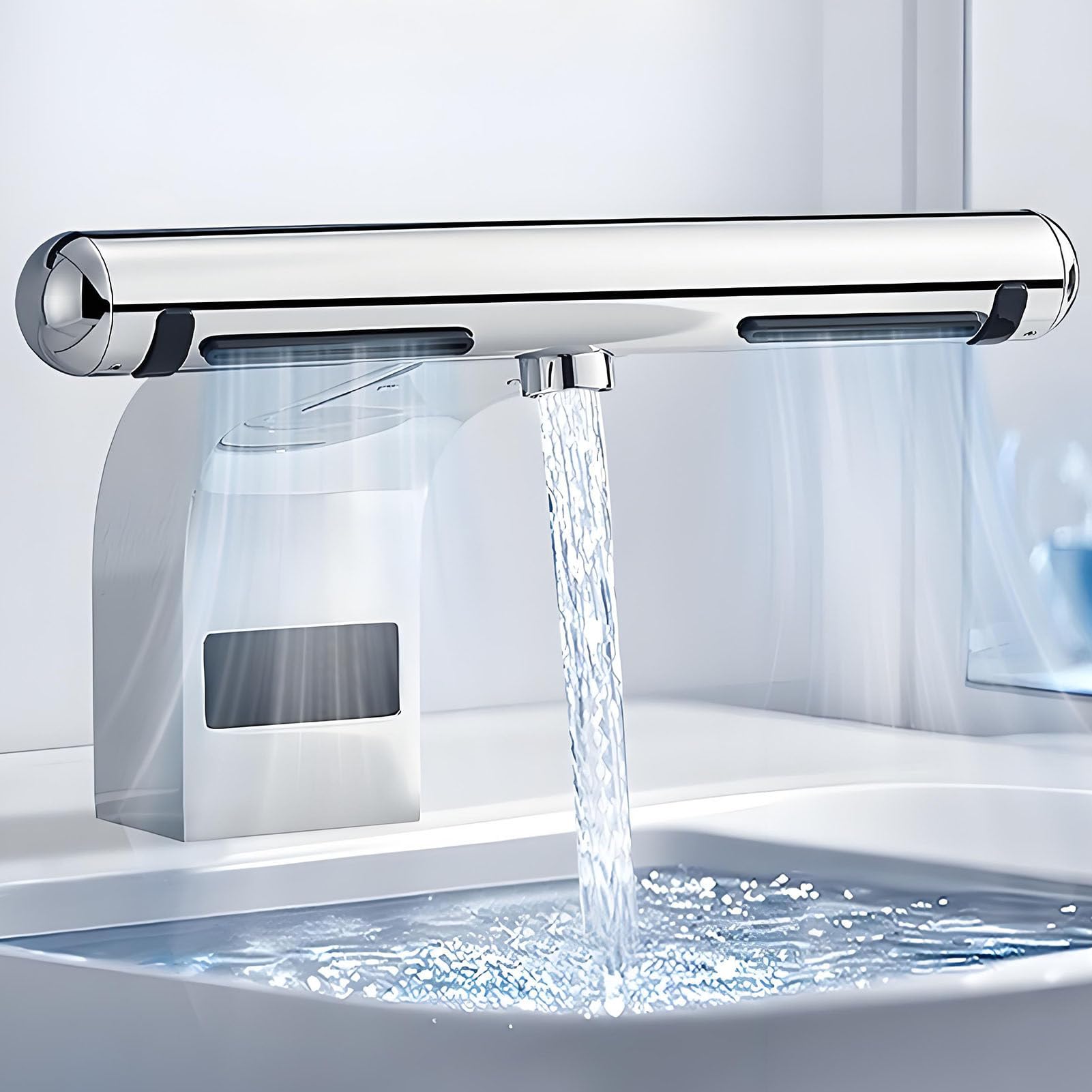 Rubinetto con sensore con asciuga mani integrato, accensione e spegnimento automatico per lavaggio e asciugatura senza tocco, opzioni di acqua fredda e calda
