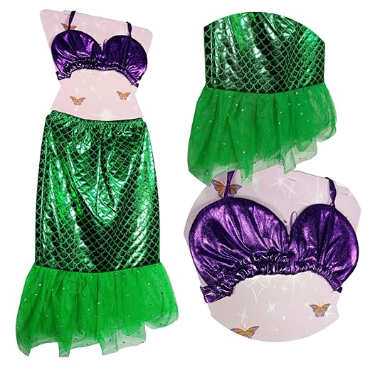 Fantasia Infantil A Pequena Sereia – Conjunto com Saia Verde Brilhante em Escamas e Top Roxo Metálico - Tamanho Unico
