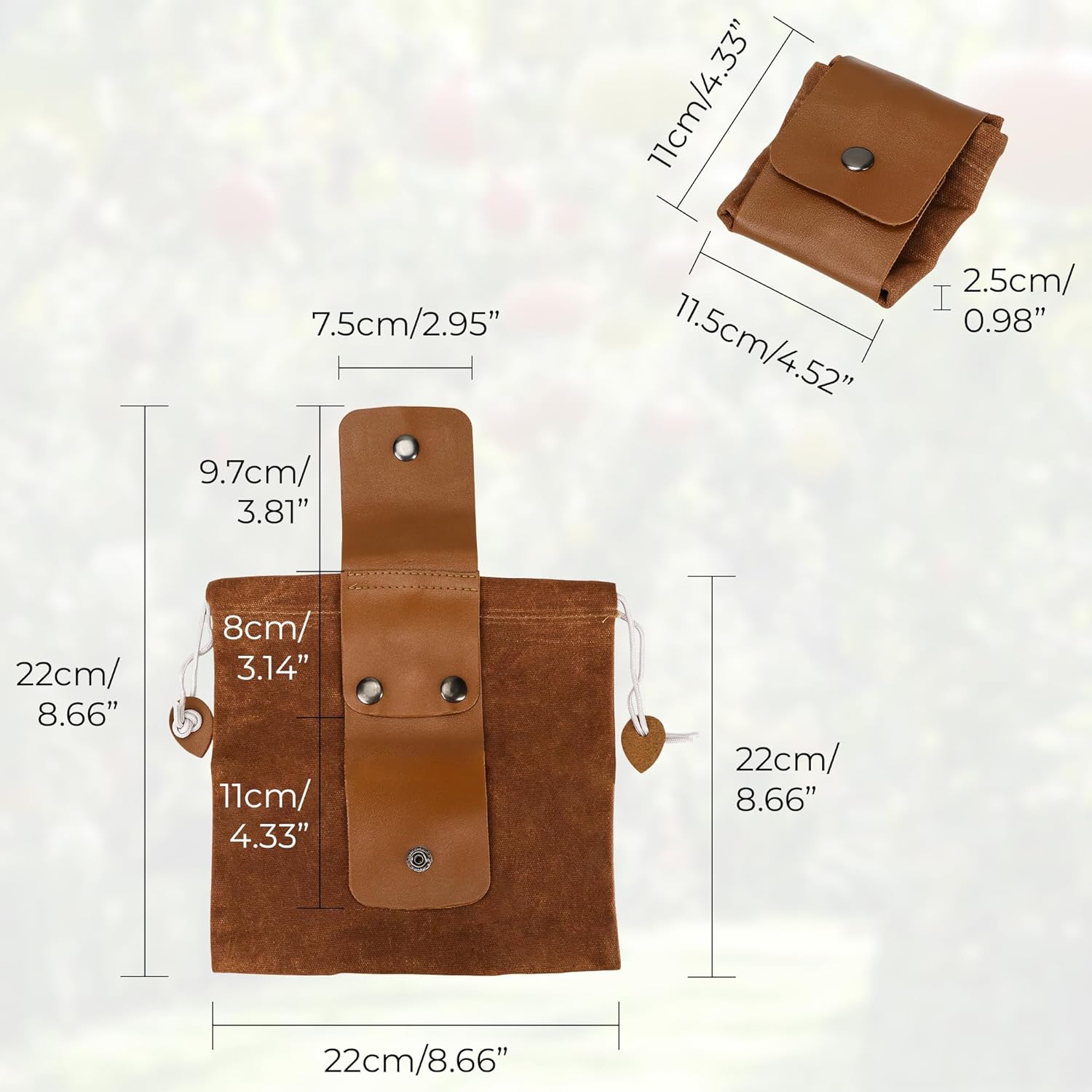 Foraging Bag Waxed Canvas Collapsible Outdoor Camping, Leather Drawstring Belt Pouch, Bushcraft Hunting Mushroom Collecting Basket, Foldable Satchel for Travel Hiking Picking Rocks Fruit Treasures - Image 2