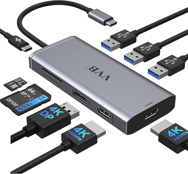 USB C Docking Station Triple Display for Dell HP, 9 IN 1 USB C Hub Multiport Adapter Thunderbolt Dock with 2 HDMI, DP, 3 USB 3.0 Ports, 100W PD, SD/TF Card Reader for Macbook, Lenovo, Surface Laptop