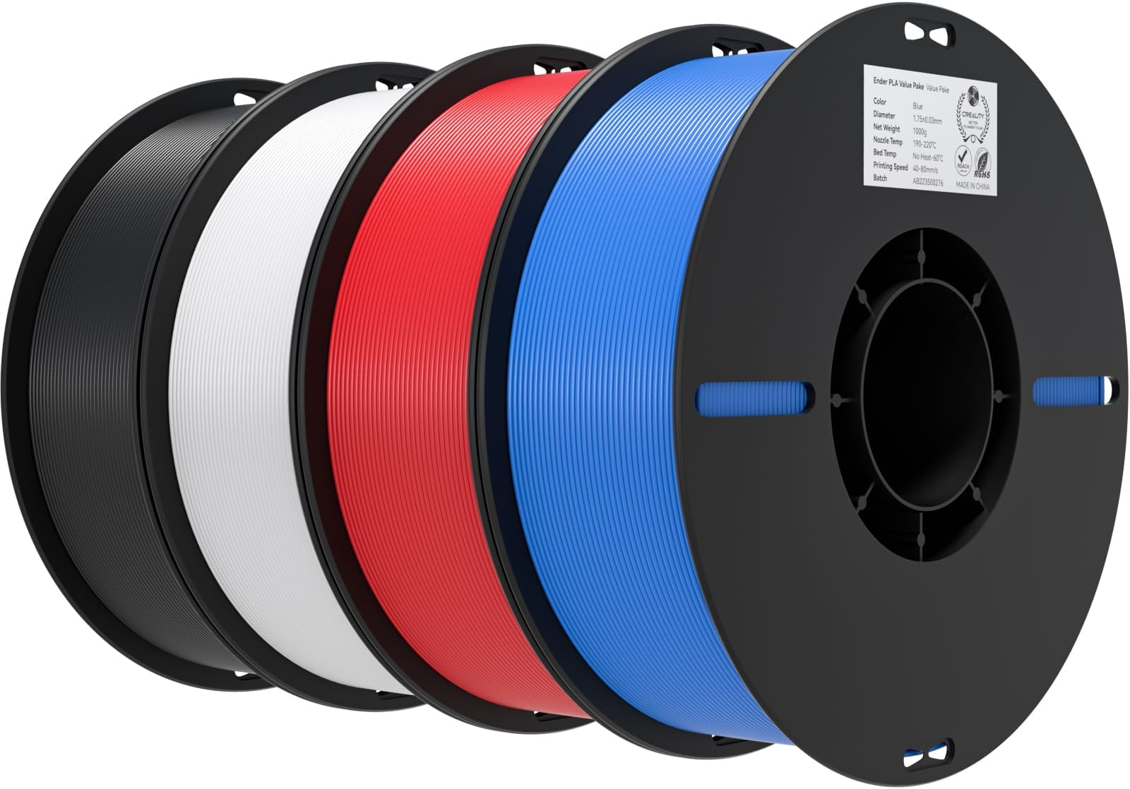 3D Printer Filament 1.75mm 4KG, PLA Filament Bulk +/- 0.02mm, 4 Pack 1kg Spool(2.2lbs) 3D Printing Filament Fits for Most FDM 3D Printers, Black White Blue Red
