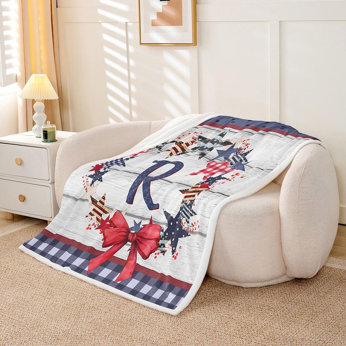 Castle Fairy Red Bowknot Monogram R Throw Blanket for Kids,Retro Stars Fleece Throw Blanket for Bedroom Sofa Dorm Decor,4th of July Memorial Day Patriotic Lightweight Bed Blankets,40 x 50 Inches image 5