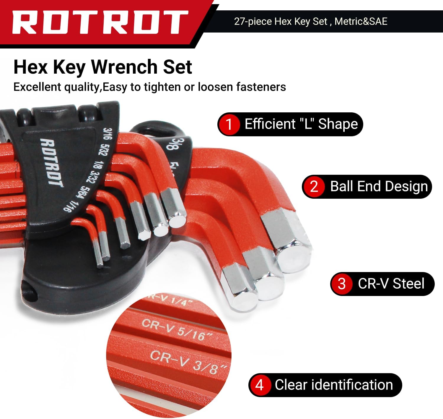 28-Piece Hex Key Allen Wrench Set, SAE & Metric Star Long Arm Ball End Hex Key Set with Bonus Torque Handle, Industrial Grade Allen Wrench Set