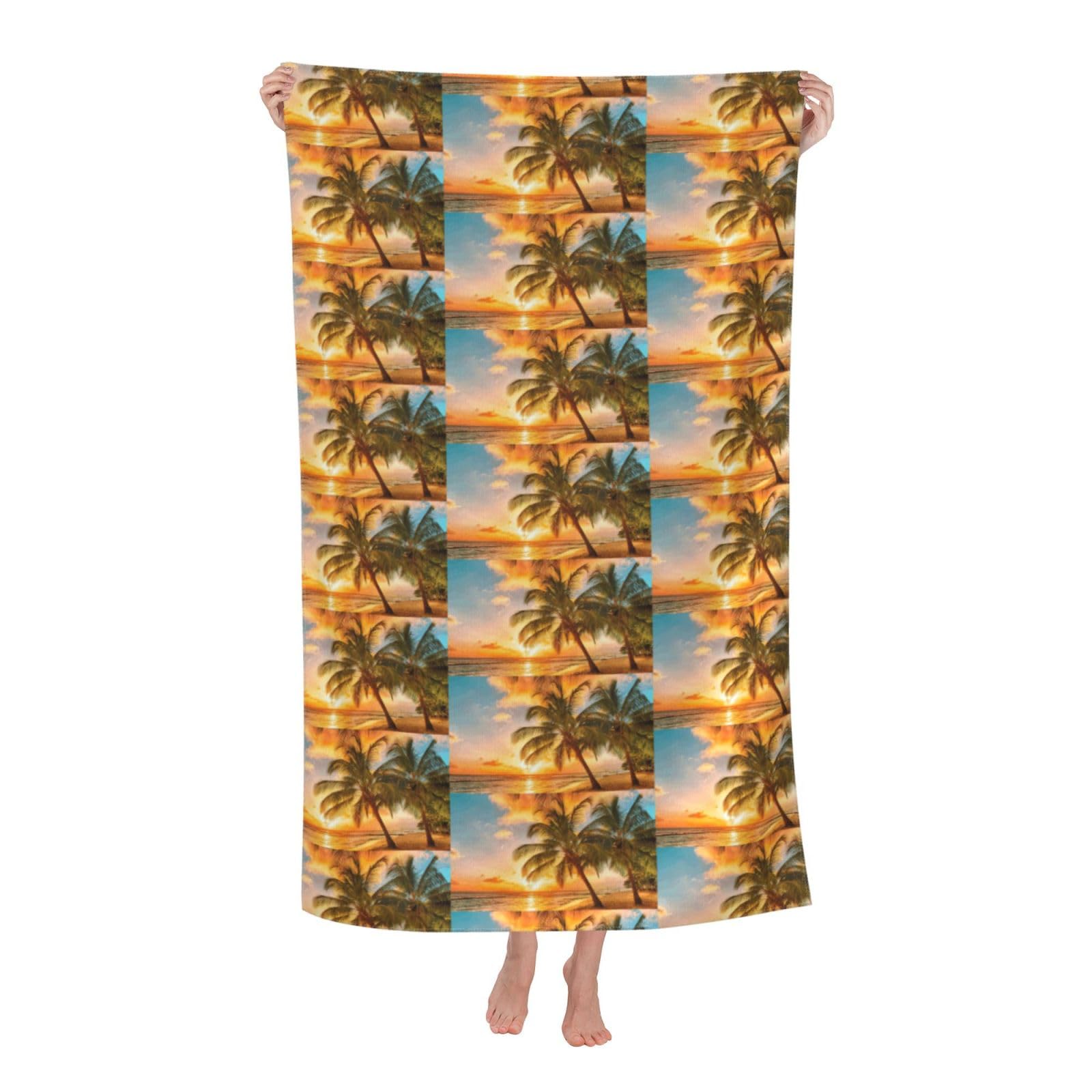 CHAbu Sunset Hawaiian Palm Tree Waves Adult Beach Towels Microfibre Quick Dry Lightweight Beach Travel Swimming Camping Yoga Fitness