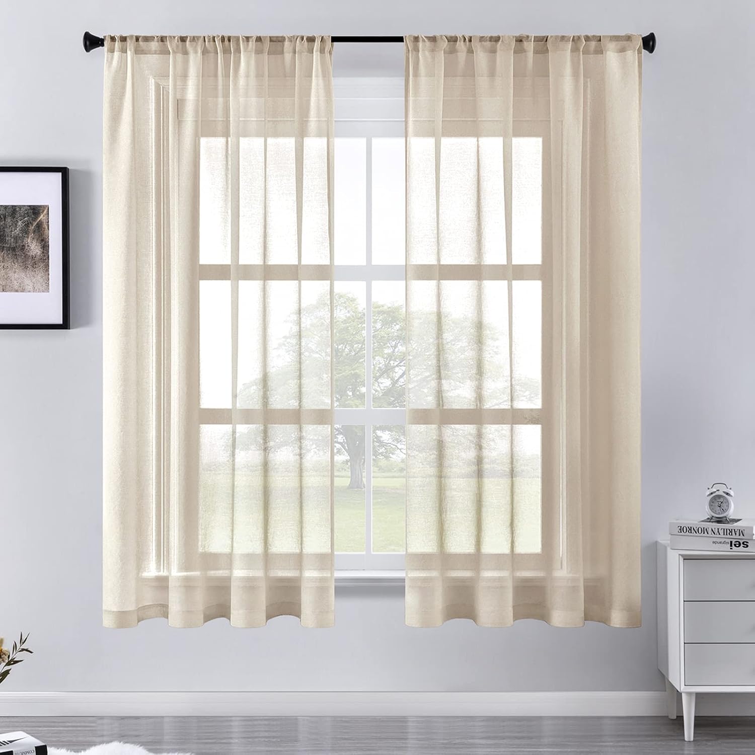 CUTEWIND Pair of Modern Beige/Ivory/Cream Drop Sheer Curtains 69 Inch Length Voile Top Curtains for Warm Cafe Window Bedroom Living Room Balcony Nursery Decor Rod Pocket 2 Panels(Beige,55" x 69")