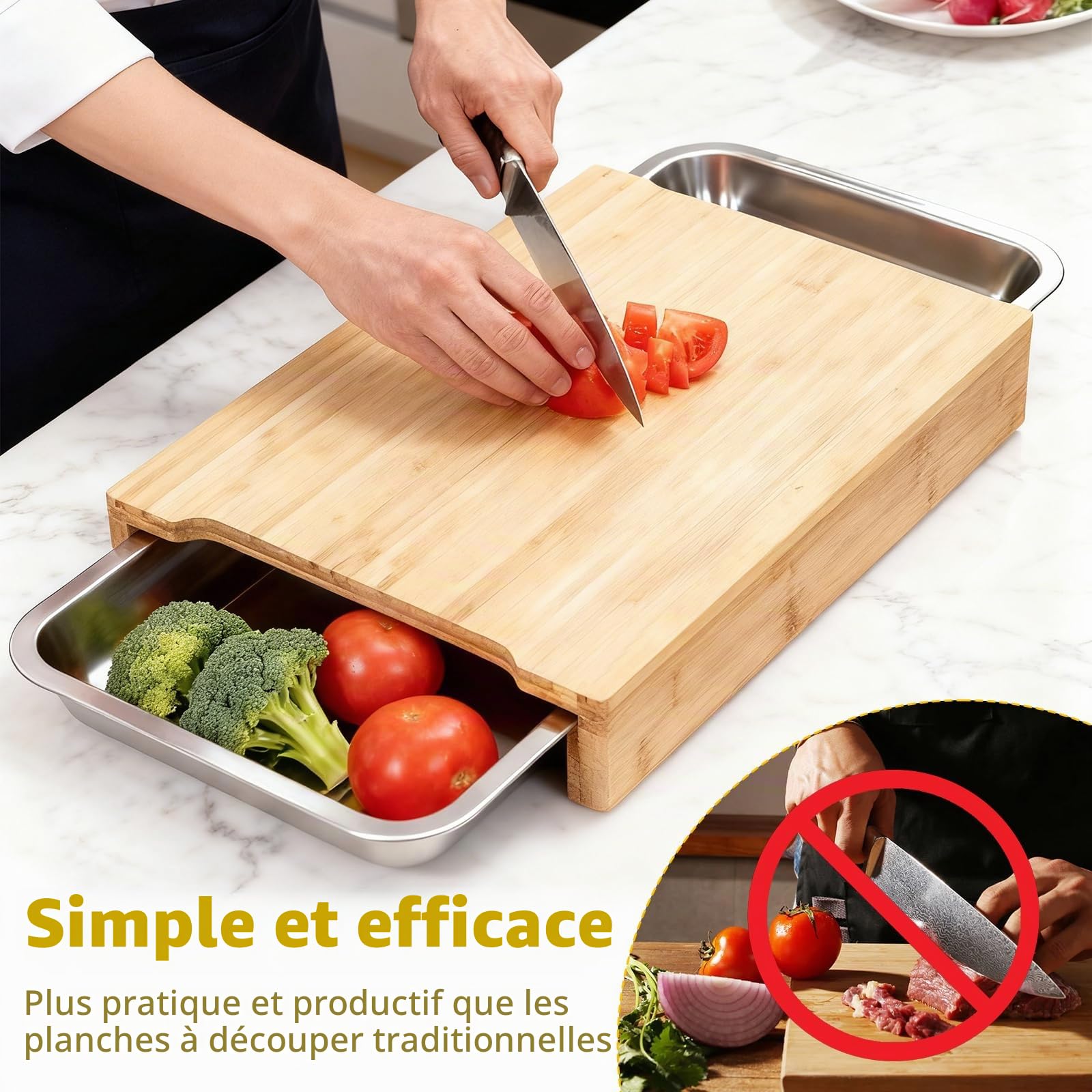 Planche à découper en bambou avec 2 plateaux coulissants en acier inoxydable pour la préparation des aliments, de la viande, des légumes