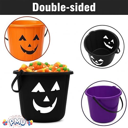 Miniatura 2 de PMU Cubo de Halloween Jack-O-Lantern para truco o trato, cesta de regalo para dulces para niños, cubos de plástico de calabaza con asa, decoración