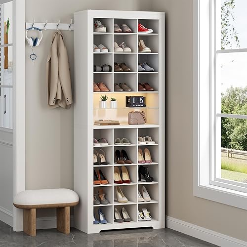 Armario de almacenamiento de zapatos de 11 niveles, zapatero de madera blanco con 27 cubículos, organizador de zapatos de pie de 69 pulgadas de alto