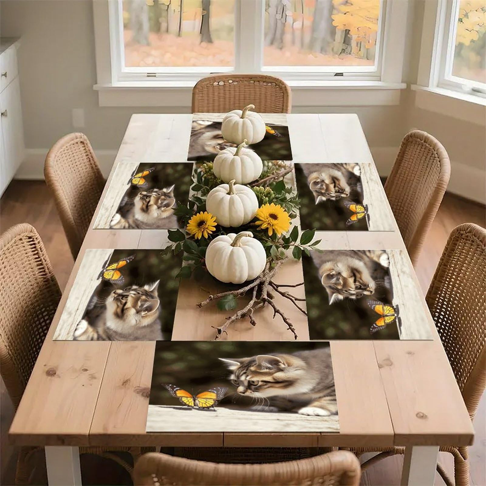 Cat and Butterfly Placemats Non-Slip Heat Resistant Table Mats Flax Washable Cloth Place Mats Easy to Clean Premium Placemat for Kitchen Dining Table Decor Party Outdoor