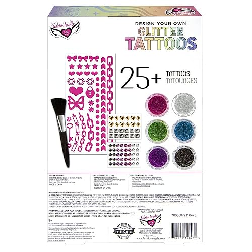 Miniatura 3 de Fashion Angels Diseña tus propios tatuajes con purpurina – 6 macetas de purpurina corporal, 1 cepillo de maquillaje suave, 1 hoja de calcomanías de