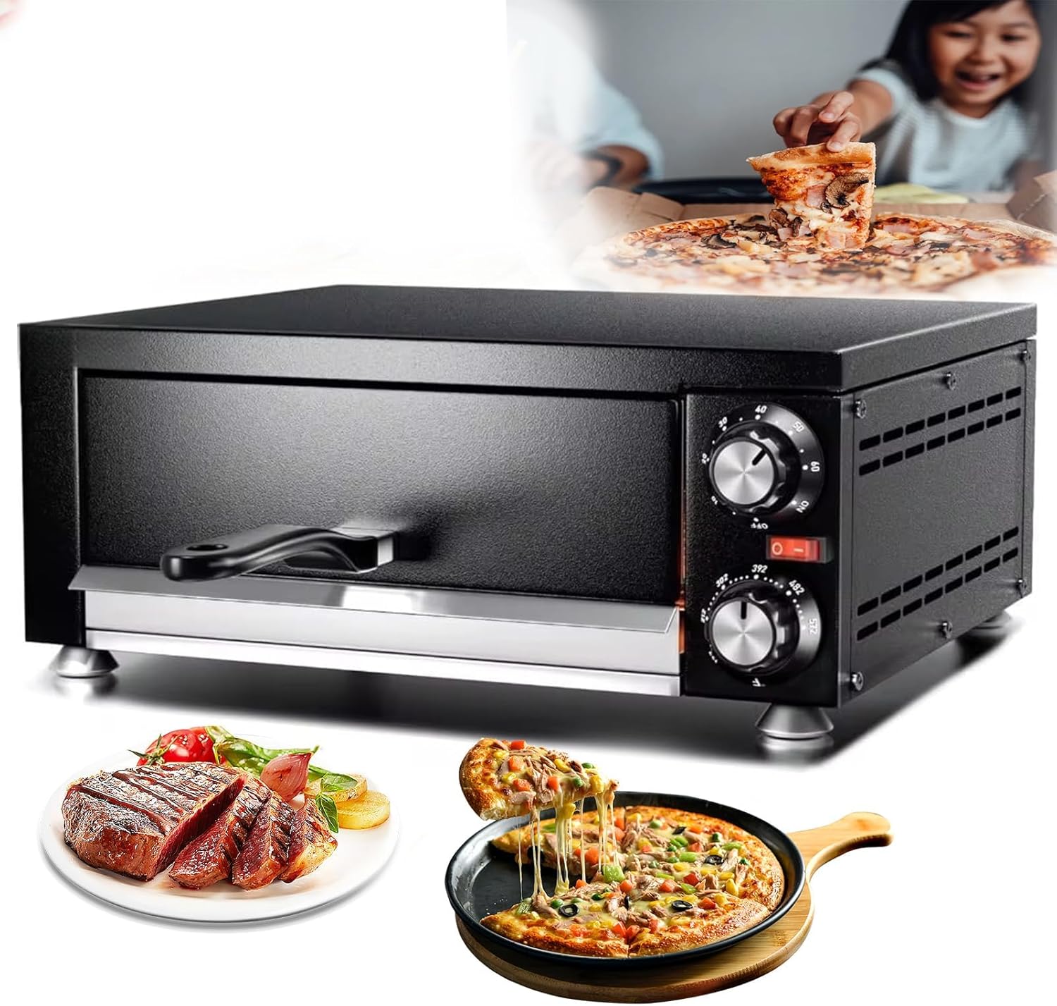 Electric Pizza Oven, 1100W Commercial 12-Inch Timer Oven, Adjustable Temperature 50-300℃, Insulated Handle, Drawer Toaster Oven for Home and Restaurant Indoor Use
