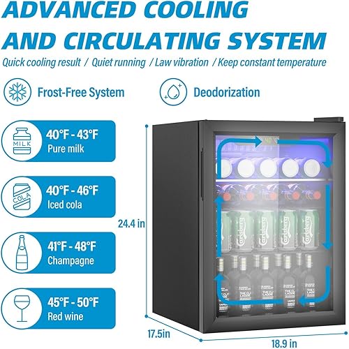Miniatura 3 de Mini refrigerador de 2.6 pies cúbicos, refrigerador de bebidas independiente para 95 latas con puerta frontal de vidrio para refrescos, cerveza