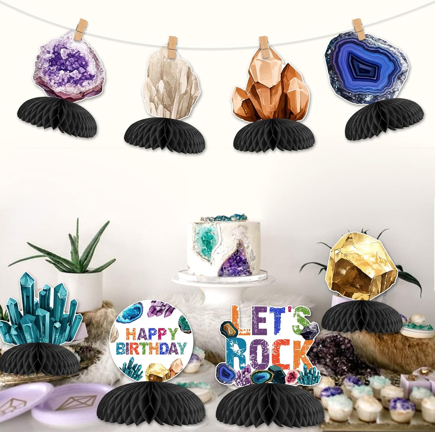 8PCS Geology Birthday Honeycomb Centerpieces Gems and Minerals Party Decorations Rocks Geology Birthday Table Decorations Crystal Themed Birthday Party Decorations for Boys and Girls