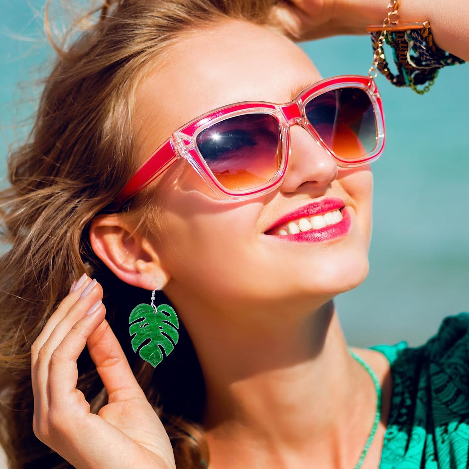 Xindojuz 2 Pcs Monstera Earrings, Acrylic Green Palm Tree Leaf Earrings for Women Girls, Cute Festival Lightweight Leaf Drop Dangle Stud Earring Jewelry Ideal Gifts (2.56 x 1.38 Inch) - Image 4