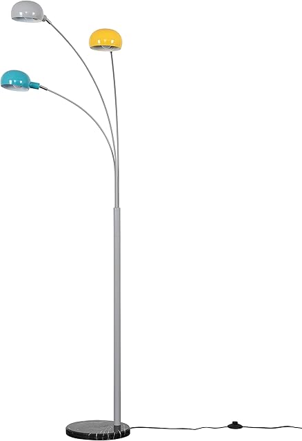 MiniSun Modern 3 Way Grey Metal & Marble Curva Floor Lamp with Yellow, Blue & Grey Dome Shades