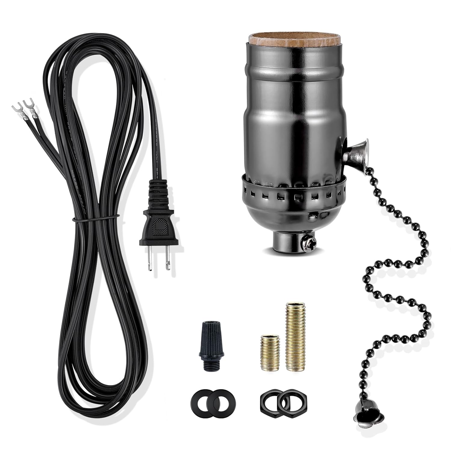 Lamp Repair Socket Kit,Pull Chain ON/Off Switch Socket for DIY Lamp with 8 feet Matching Cord and Essential Hardware, Table Lamp Rewiring Kit for Vintage Lamps or DIY Lighting Fixtures (Black)