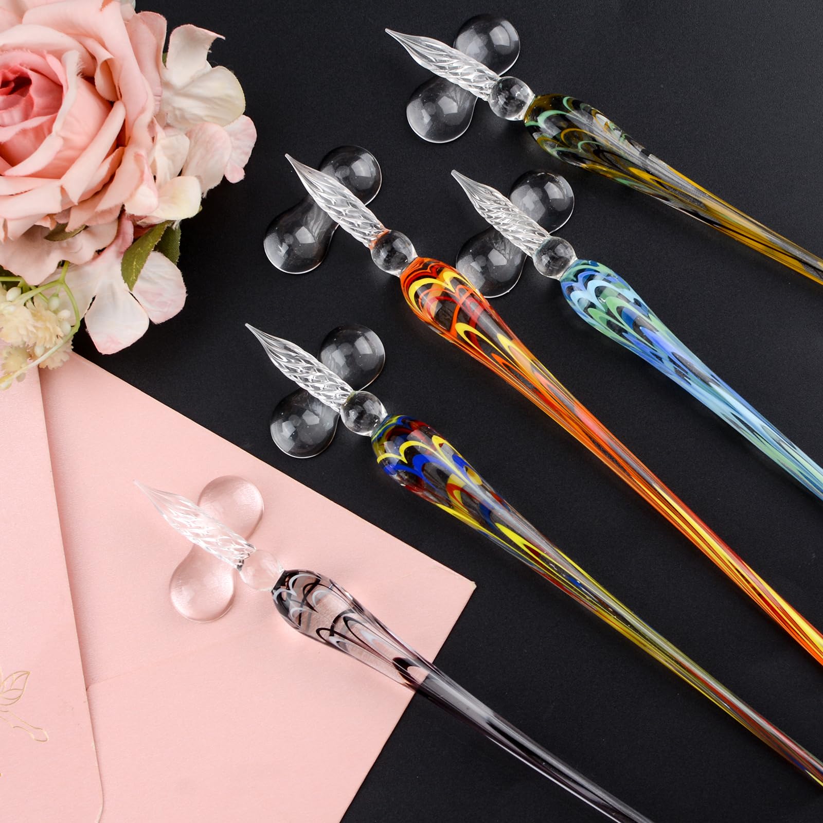 WANDIC 5 penne stilografiche in vetro di cristallo con portapenna, penna calligrafia borosilicato per scrivere, disegnare, firme, calligrafia, regali