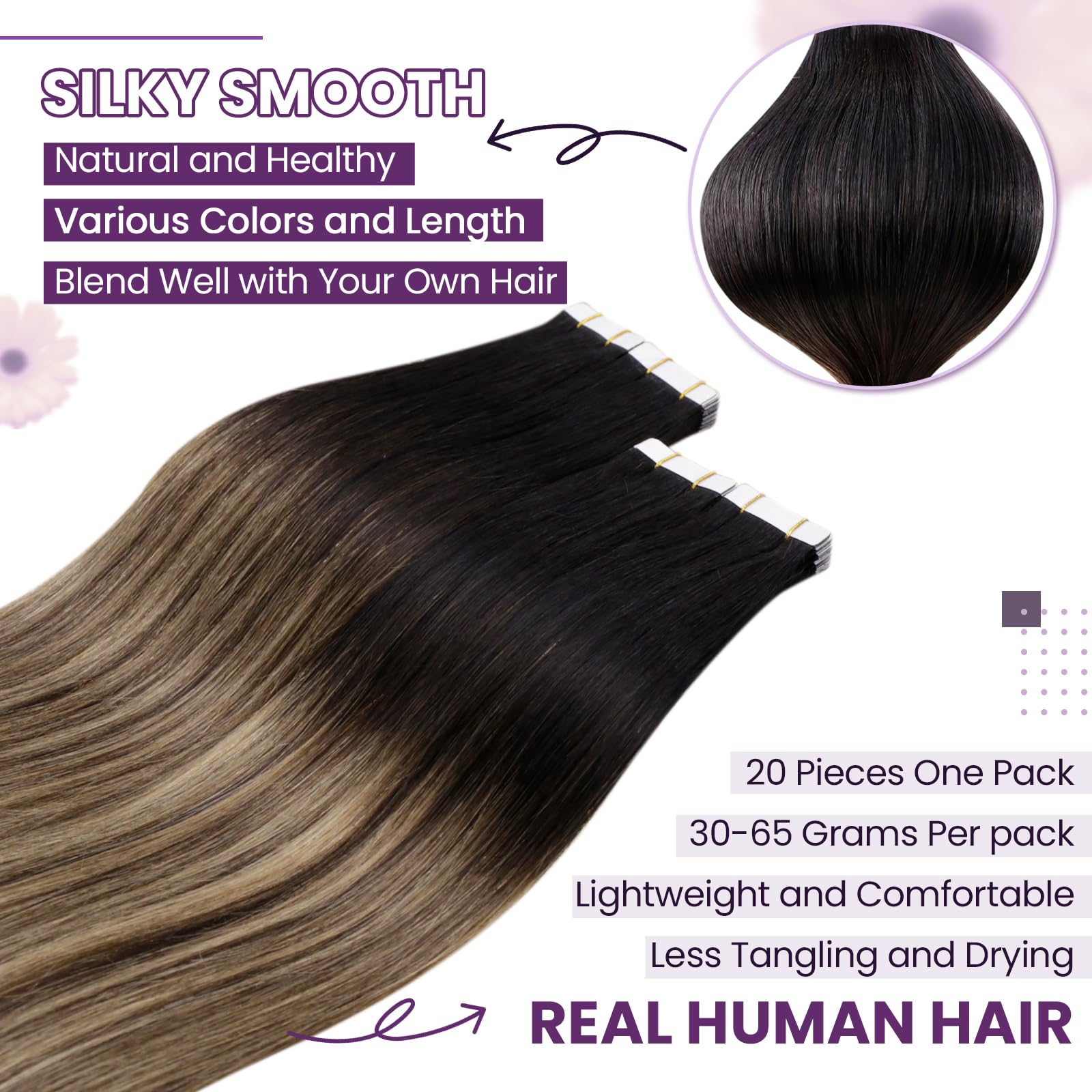 LaaVoo Tape in Hair Extensions Human Hair Black Tape Hair Extensions Real Human Hair Invisible Tapes Remy Straight Balayage Black to Brown & Blonde Hair Double Sided Tabs 20pcs 50g 14 Inch #1b/4/27 - Image 2