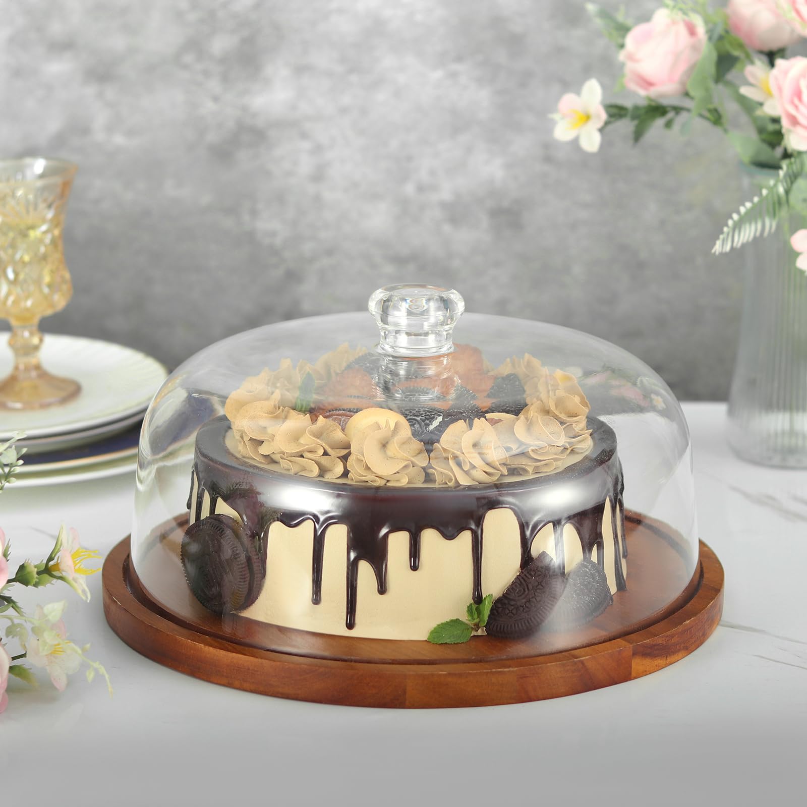 Présentoir à Gâteau En Bois Avec Couvercle Dôme En Acrylique - 25,4 Cm - Plateau à Gâteau En Bois D'acacia Avec Couvercle - Grande Capacité