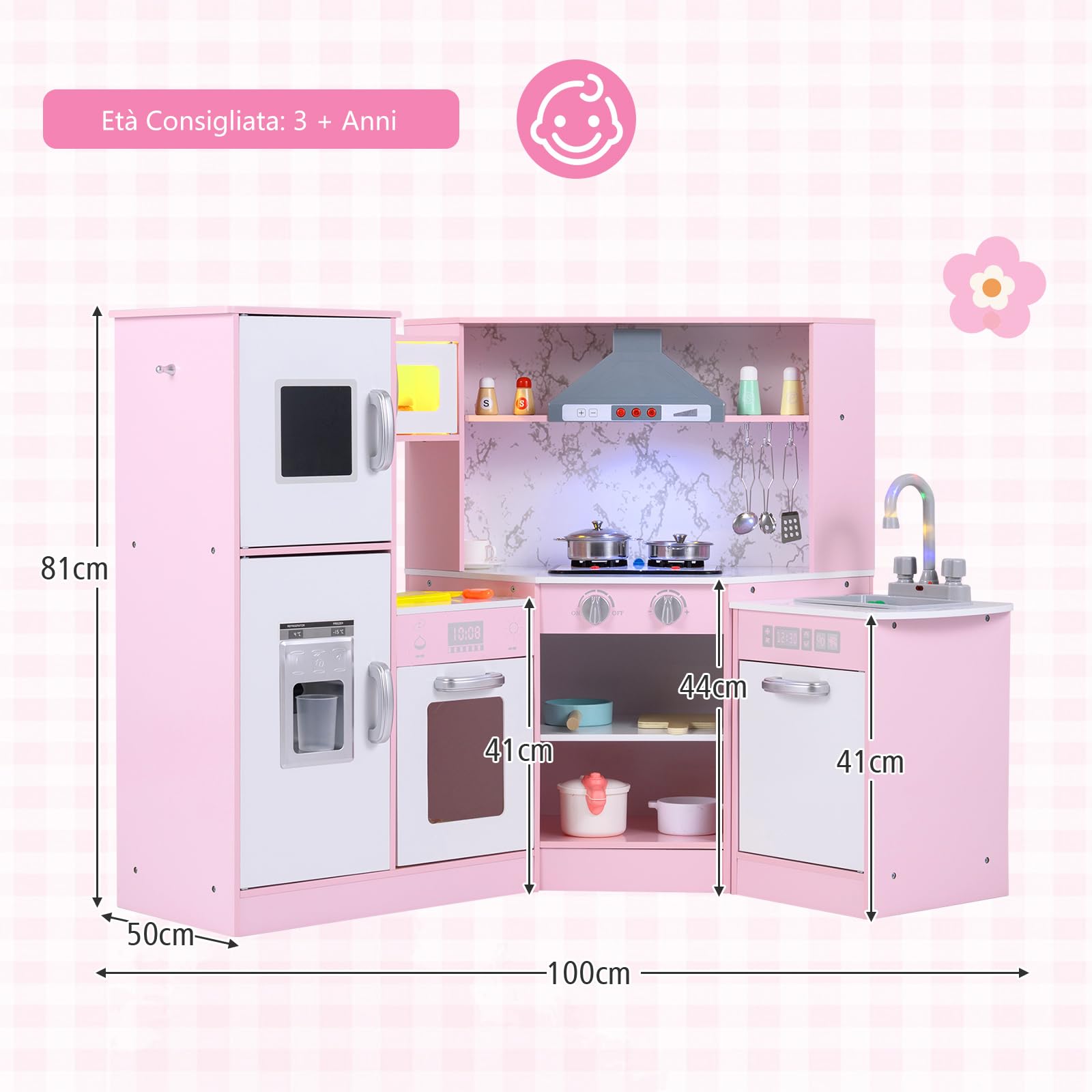 RELAX4LIFE Cucina Giocattolo per Bambini, Cucina Lussuosa in Legno con Effetti Luminosi e Sonori, Forno, Microonde, Macchina del Ghiaccio Lavastoviglie e Lavagna, Regalo per Bambini 3+ Anni (Rosa)