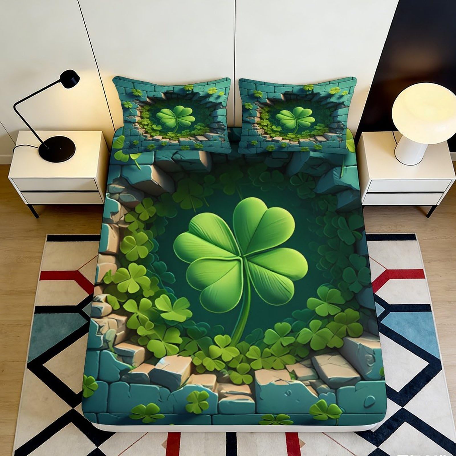 3D Printed Lucky Clover Fitted Sheet Microfiber Deep Pocket Bedroom Bedding Lucky Pattern Mattress Fitted Cover Washable 90x200x25cm