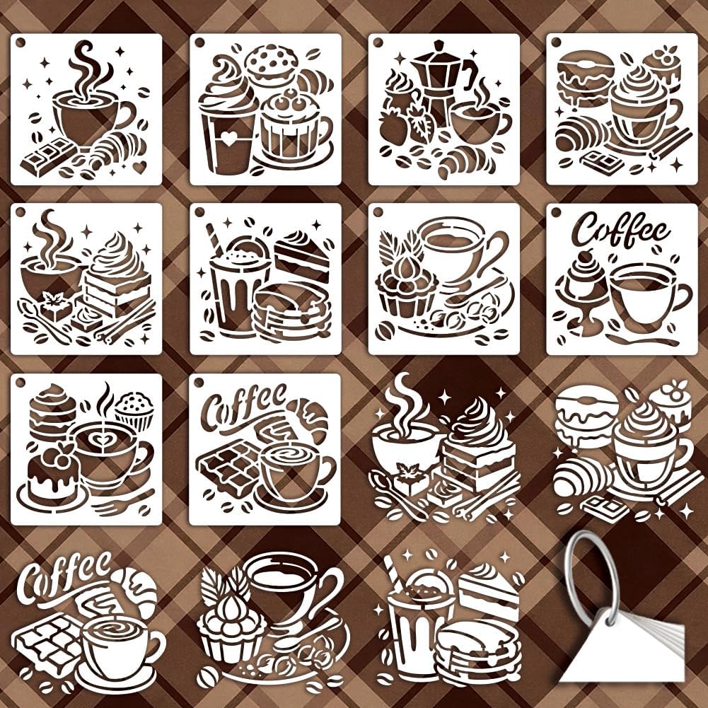 12 Sheets Coffee Cake Drinks Stencils for Painting, Coffee Cup Coffee Time Reusable Drawing Templates Afternoon Tea Plastic Art PET Templates for Painting on Wall Wood Home Decor
