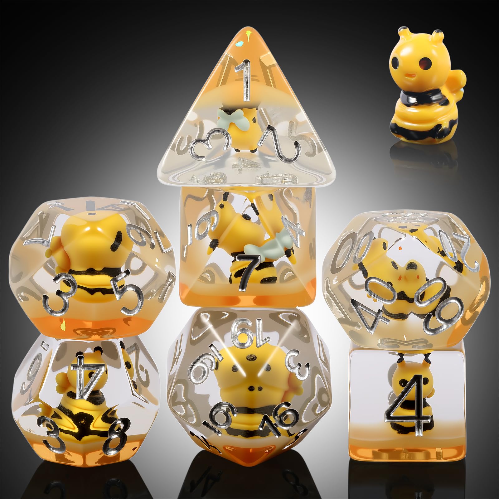 Bee D&D Dice,DNDND 7PCS Resin DND Dice Set including Velvet Bag for Dungeons and Dragons Role Playing Games and Tabletop Games(Bee)