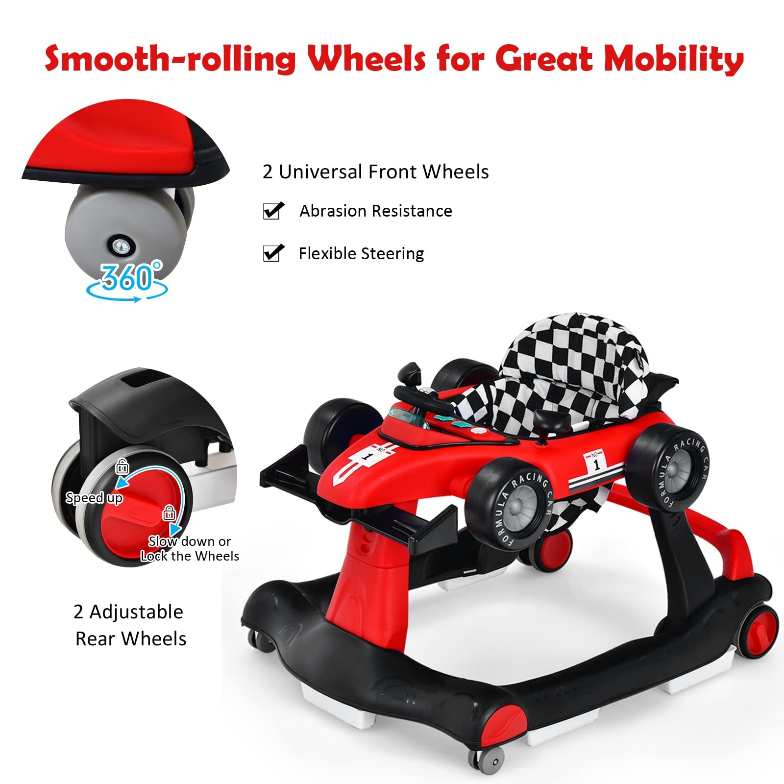 LIFEZEAL 4 in 1 Lauflernhilfe Baby, Höhenverstellbares & Klappbares Babywalker, Baby Gehfrei ab 6 Monate, Laufwagen mit einstellbarer Geschwindigkeit, Licht & Musik (rot)