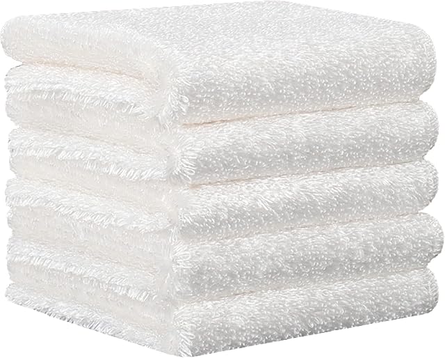 Microfibre Dish Cloths,Pack of 5 Bamboo Fiber Dishcloth Tea Towels for Washing Up, Absorbent White Cleaning Dish Cloths for Kitchen, Household Cleaning Rag Reusable and Machine Washable 18 x 23 cm