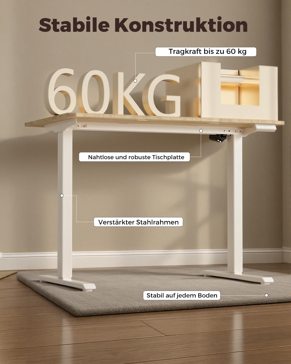Höhenverstellbarer Schreibtisch, Schreibtisch Höhenverstellbar 100 x 60 cm, Memory Preset mit 2 Höhen, Einfache Montage, für Home Office, Arbeitszimmer und Spiele, Naturholz