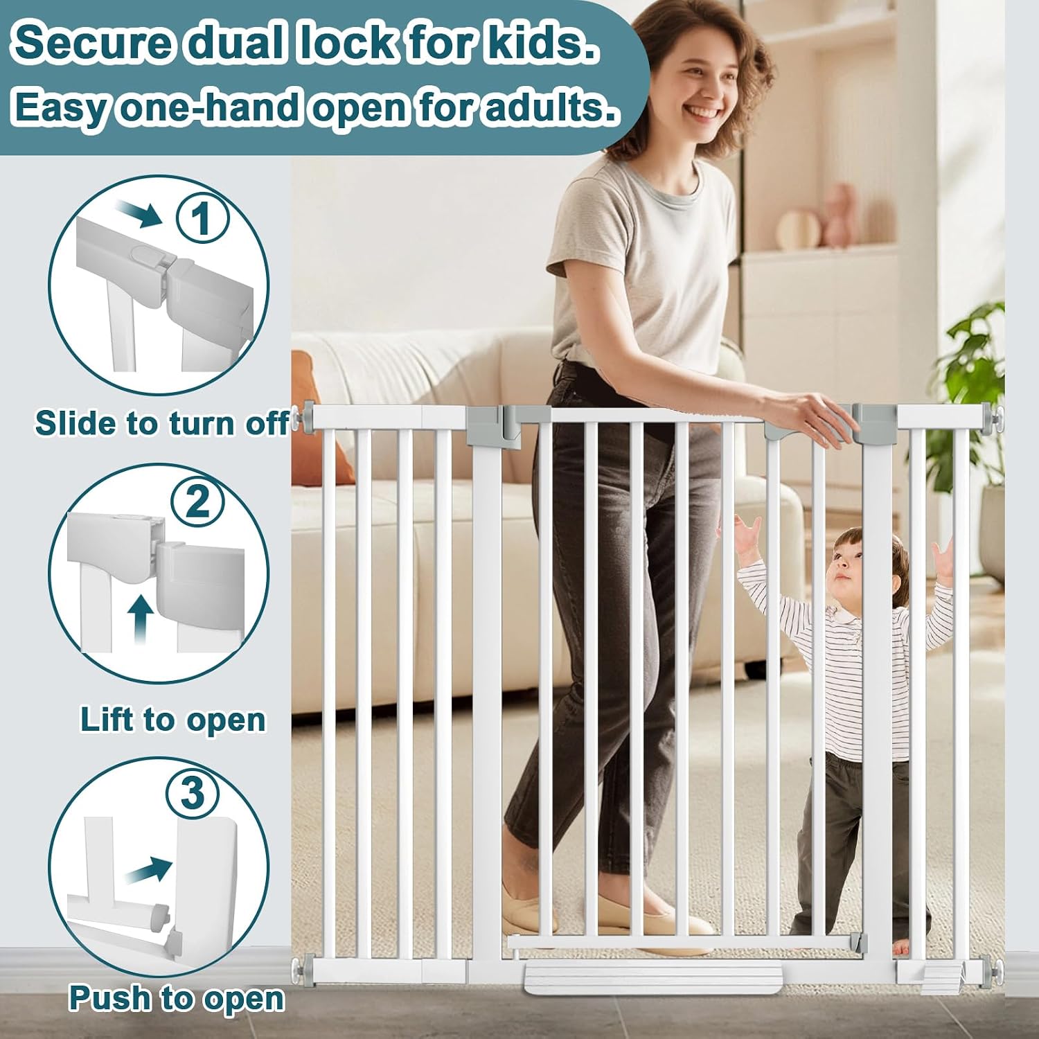 41" Extra Tall Indoor Dog Gate,30-49.2" Wide Heavy Duty Pet Gate for Doorways,Baby Gate with Walk Through and Auto Close, Pressure Mounted, Suitable for Stairs,Kitchen,White