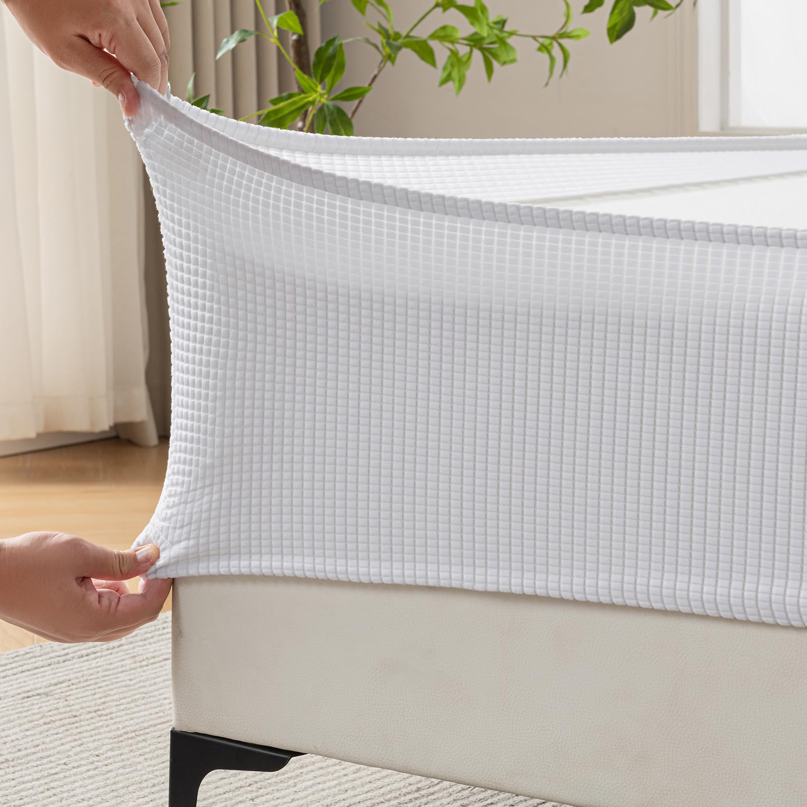 MIYE Jacquard Fabric Box Spring Cover,Super Stretchy Wrap Around 4 Sides Elastic Bed Skirt,Wrinkle & Fading Resistant,Washable & Easy Fit. (White,