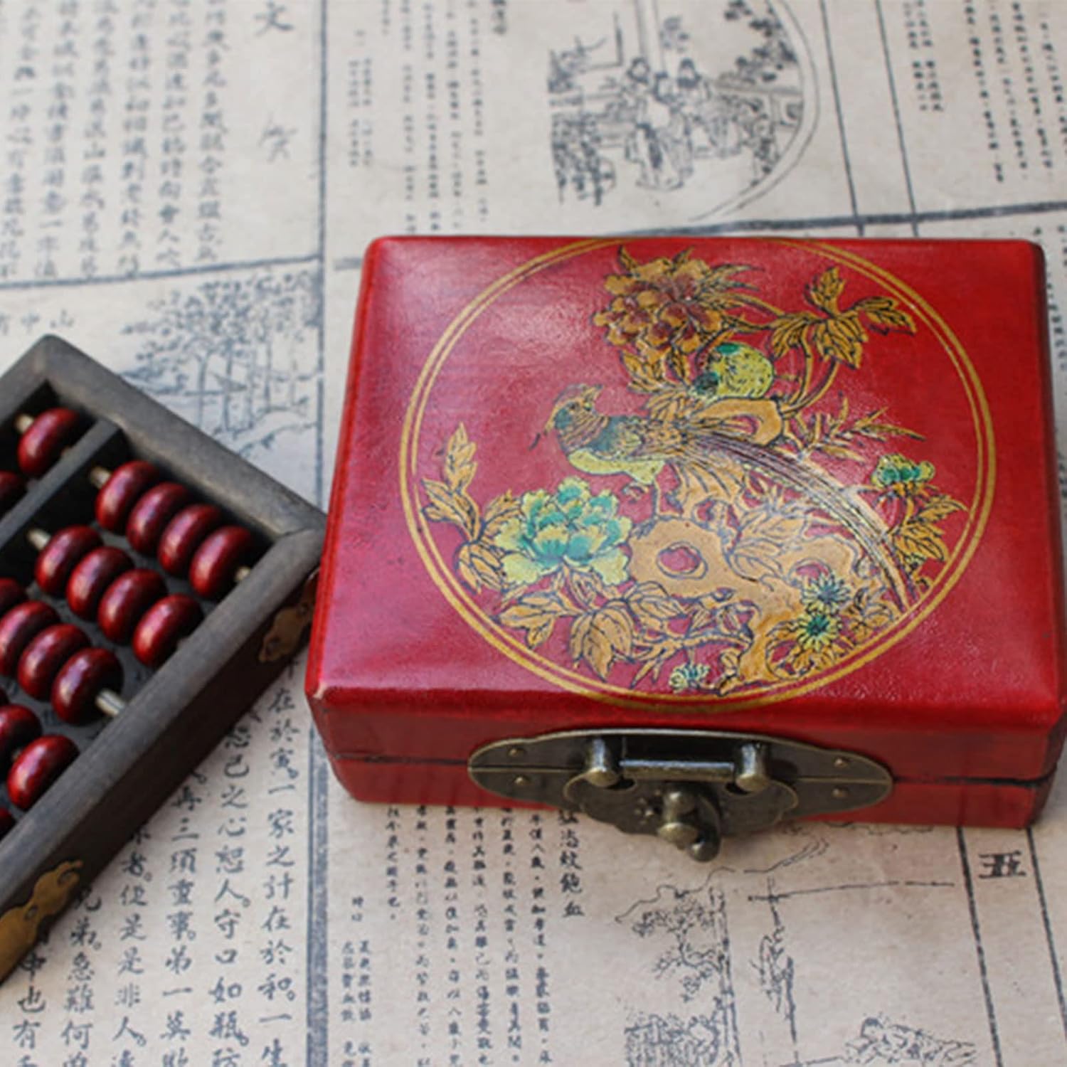 Antique Five-Bead Wooden Abacus with Flower and Bird Pattern Wooden Box Retro Nostalgic Abacus Collection