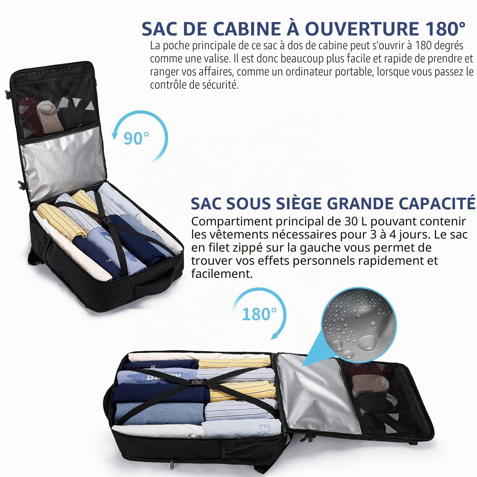 Bagage Cabine 55x40x20cm Grande Sac a Dos Voyage Cabine Avion 44L Femme Homme Bagage à Main Sac a Dos Cabine Valise Sac à Dos pour Ordinateur Portable 18.4Pouces, Noir
