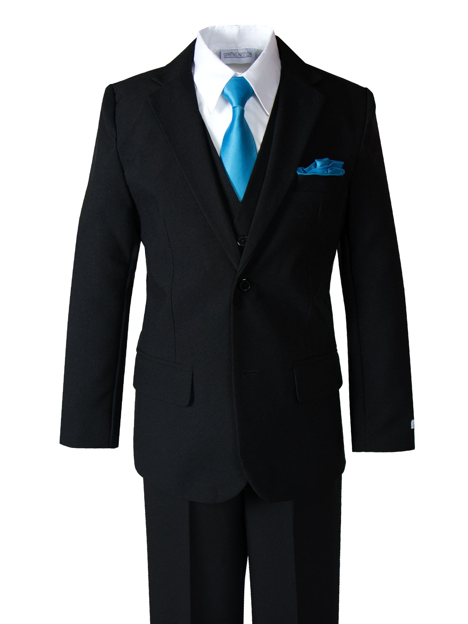 Spring Notion Baby Boys' Modern Fit Dress Suit Set with Necktie and Handkerchief Large Black-Turquoise