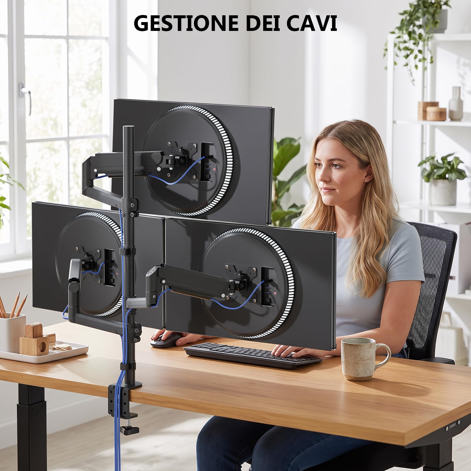 WALI Supporto triplo per monitor da 17-32 pollici, completamente regolabile per 3 monitor con morsetto e base con passacavo, braccio per monitor con molla a gas, fino a 9 kg ciascuno, VESA 75 x 75 100