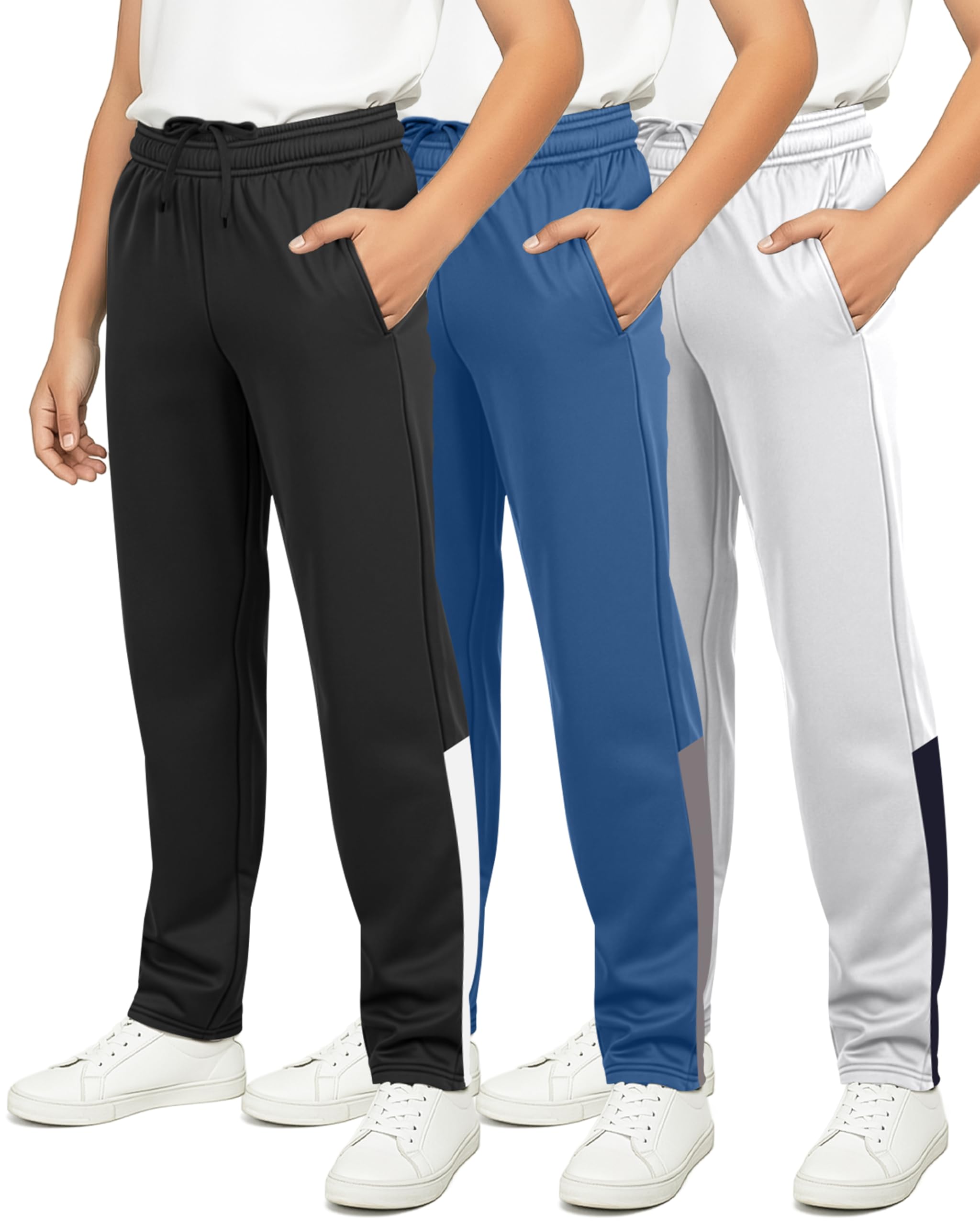Real Essentials 3 Pack: Boys' Tricot Open Bottom Sweatpants - Athletic Running Pants with Pockets for Kids Teens Youth